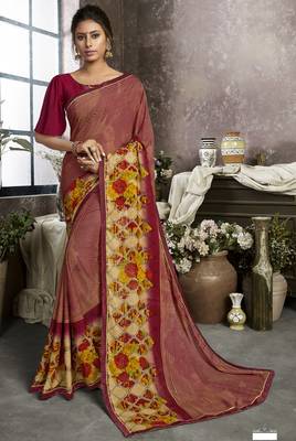 Red printed georgette saree with blouse 1