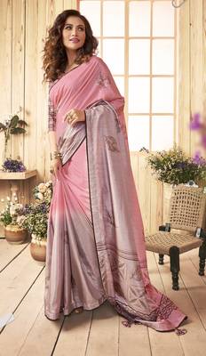 Pink printed chanderi silk saree with blouse 1