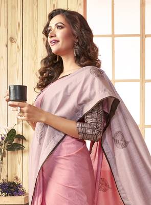 Pink printed chanderi silk saree with blouse 2