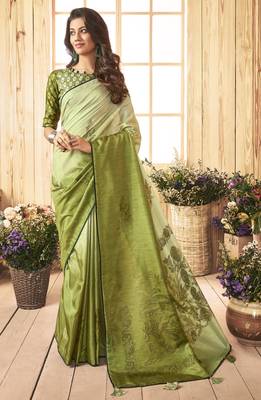 Green printed chanderi silk saree with blouse 1