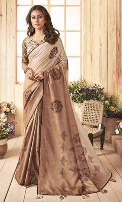 Beige printed chanderi silk saree with blouse 1
