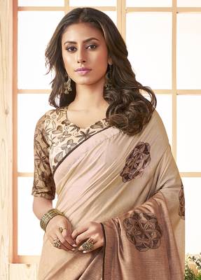 Beige printed chanderi silk saree with blouse 2