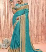 Turquoise printed chiffon saree with blouse