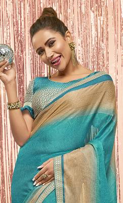 Turquoise printed chiffon saree with blouse 2
