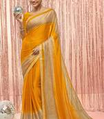Mustard printed chiffon saree with blouse