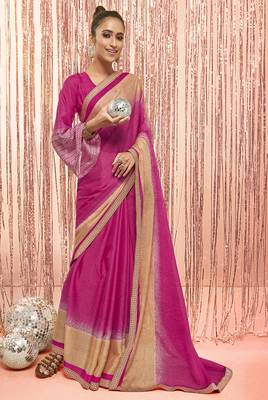 Pink printed chiffon saree with blouse 1