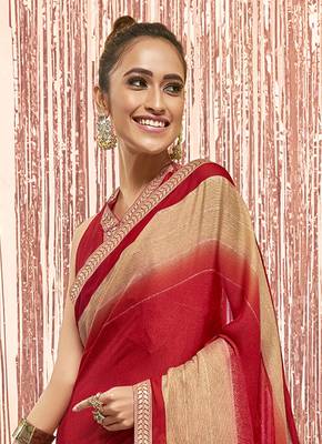 Red printed chiffon saree with blouse 2