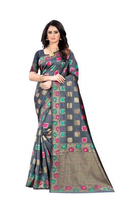 Grey woven banarasi cotton saree with blouse 1
