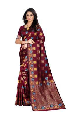 Maroon woven banarasi cotton saree with blouse 1