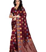 Maroon woven banarasi cotton saree with blouse