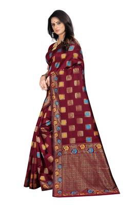 Maroon woven banarasi cotton saree with blouse 2