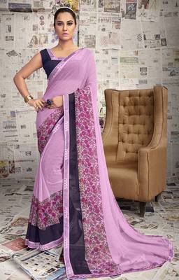 Pink printed georgette saree with blouse 1