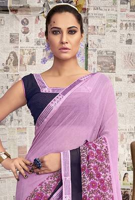 Pink printed georgette saree with blouse 2