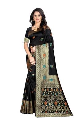 Black woven banarasi cotton saree with blouse 1