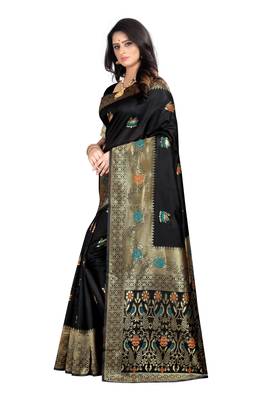 Black woven banarasi cotton saree with blouse 2
