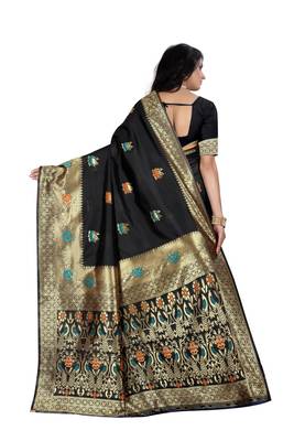 Black woven banarasi cotton saree with blouse 3