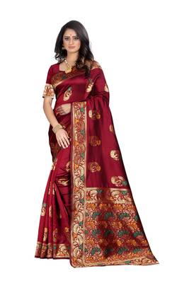 Maroon woven banarasi cotton saree with blouse 1