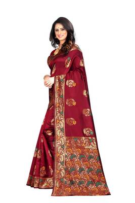 Maroon woven banarasi cotton saree with blouse 2