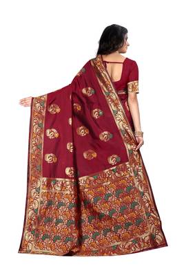 Maroon woven banarasi cotton saree with blouse 3