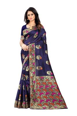 Navy blue woven banarasi cotton saree with blouse 1