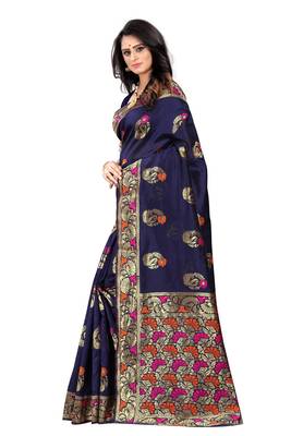 Navy blue woven banarasi cotton saree with blouse 2