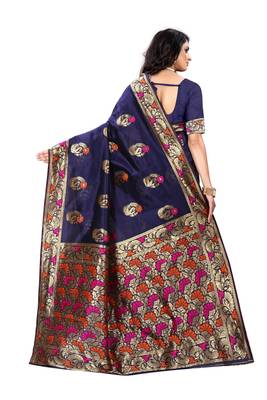 Navy blue woven banarasi cotton saree with blouse 3