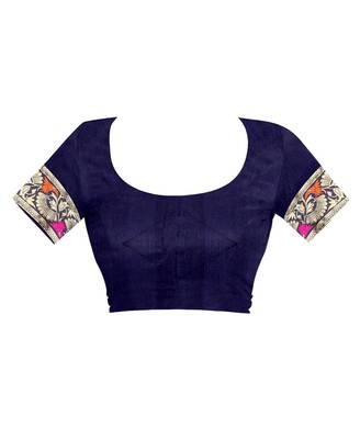 Navy blue woven banarasi cotton saree with blouse 4