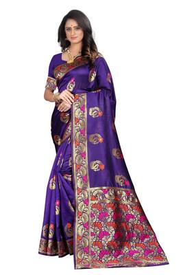 Purple woven banarasi cotton saree with blouse 1