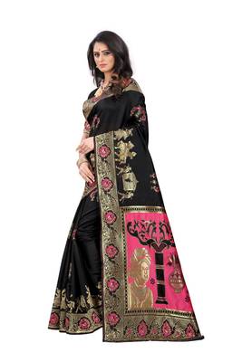 Black woven banarasi cotton saree with blouse 1