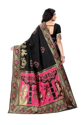 Black woven banarasi cotton saree with blouse 2