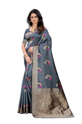 Grey woven banarasi cotton saree with blouse 1