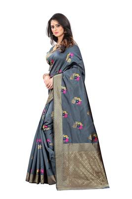 Grey woven banarasi cotton saree with blouse 2