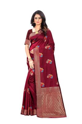 Maroon woven banarasi cotton saree with blouse 1
