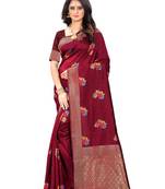 Maroon woven banarasi cotton saree with blouse
