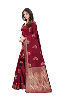 Maroon woven banarasi cotton saree with blouse 2