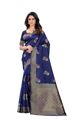 Navy blue woven banarasi cotton saree with blouse 1