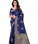 Navy blue woven banarasi cotton saree with blouse