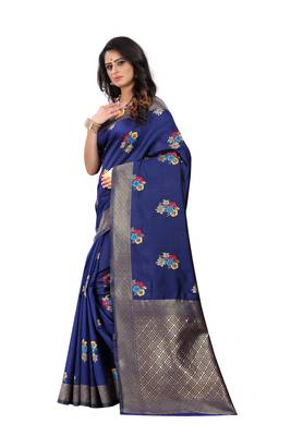 Navy blue woven banarasi cotton saree with blouse 2
