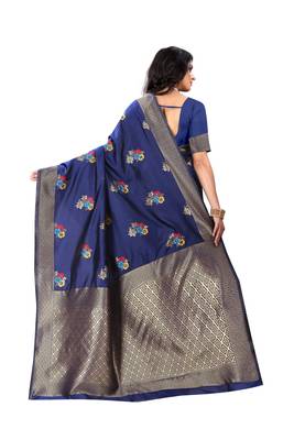 Navy blue woven banarasi cotton saree with blouse 3