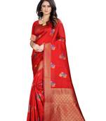 Red woven banarasi cotton saree with blouse