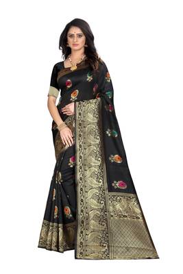 Black woven banarasi cotton saree with blouse 1