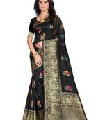Black woven banarasi cotton saree with blouse