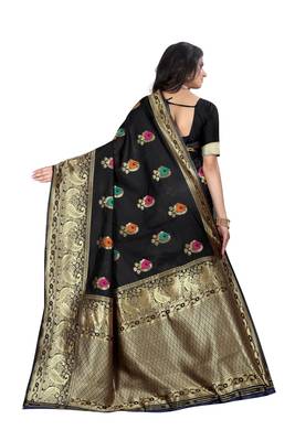 Black woven banarasi cotton saree with blouse 3
