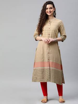 Beige woven cotton ethnic-kurtis 1