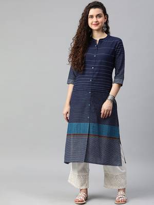 Navy-blue woven cotton ethnic-kurtis 1
