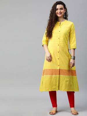 Yellow woven cotton ethnic-kurtis 1