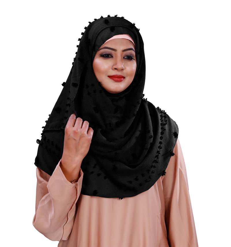 Pom Pom Black Color Viscose Cotton Arabian Scarf Hijab For Women