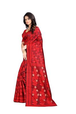 Red woven banarasi cotton saree with blouse 2