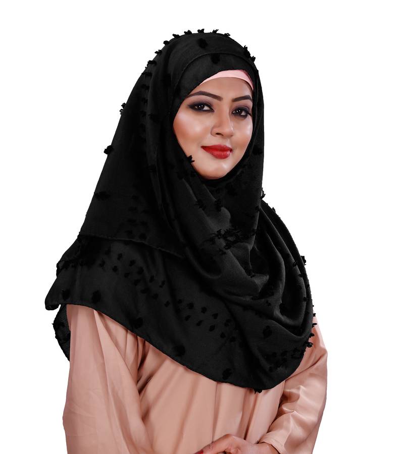 Pom Pom Black Color Viscose Cotton Arabian Scarf Hijab For Women