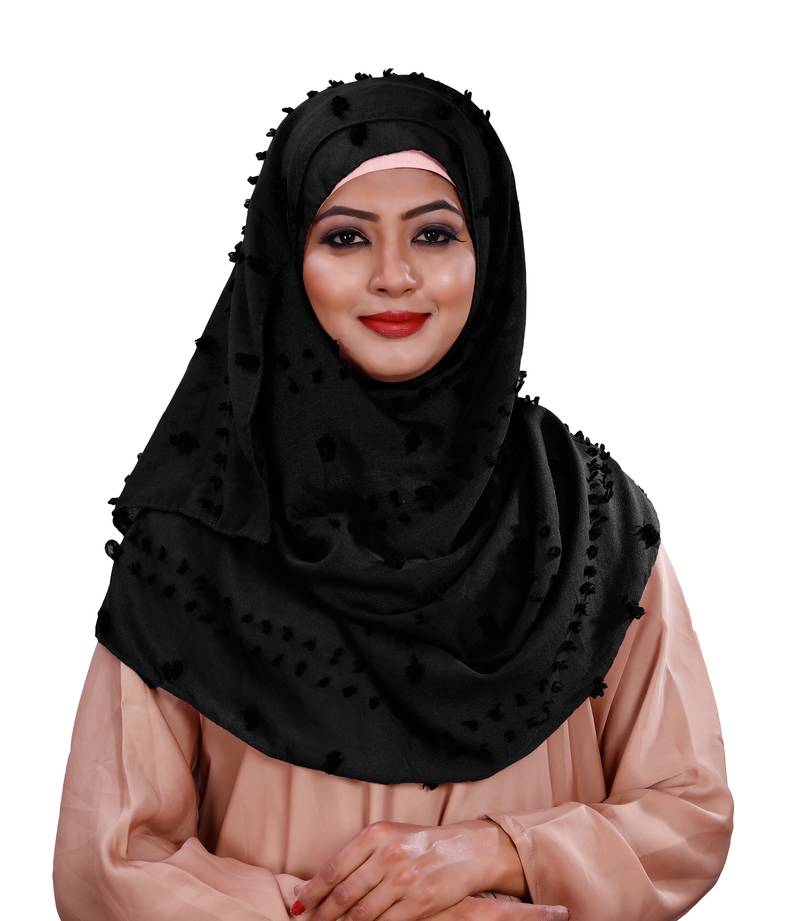 Pom Pom Black Color Viscose Cotton Arabian Scarf Hijab For Women